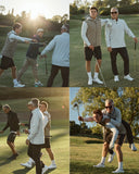 Collage of men playing golf on a green course with trees in the background