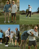 Collage of men playing golf on a course with trees and clear skies.