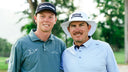 Joel Dahmen and Ryggs Johnston on a golf course getting ready to play a match