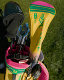 Zoomed in shot of the Sun Mountain x Victus golf bag and a custom Sun Mountain x Victus headcover