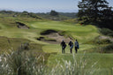 Three golfers walking on a golf course with green grass and trees in the background.