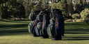 Three golf bags on a grassy field with trees in the background